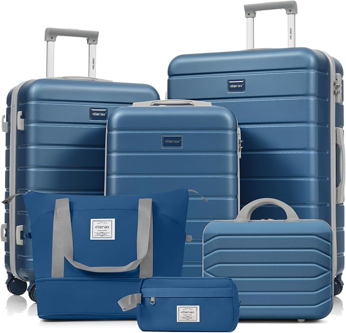 Hardshell Luggage Sets, Lightweight Stripes Suitcases with Spinner Wheels, Blue 6pcs by Merax