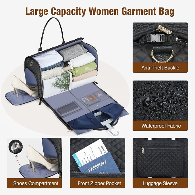 Garment Bags with 6 Set Packing Cubes, Garment Convertible Weekender Bag for Women, Large Carry On Garment Bags for Travel, Duffle Bag Garment Bag Gifts Black Color - Image 2