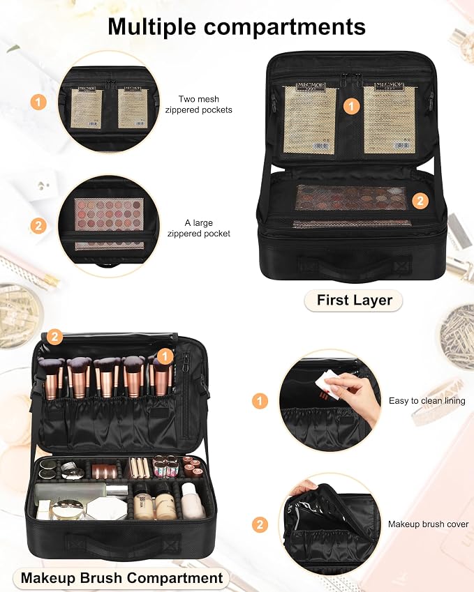 Relavel Makeup Bag Travel Makeup Train Case Large Cosmetic Case Professional Portable Makeup Brush Holder Organizer and Storage with Adjustable Dividers and Shoulder Strap Black - Image 3
