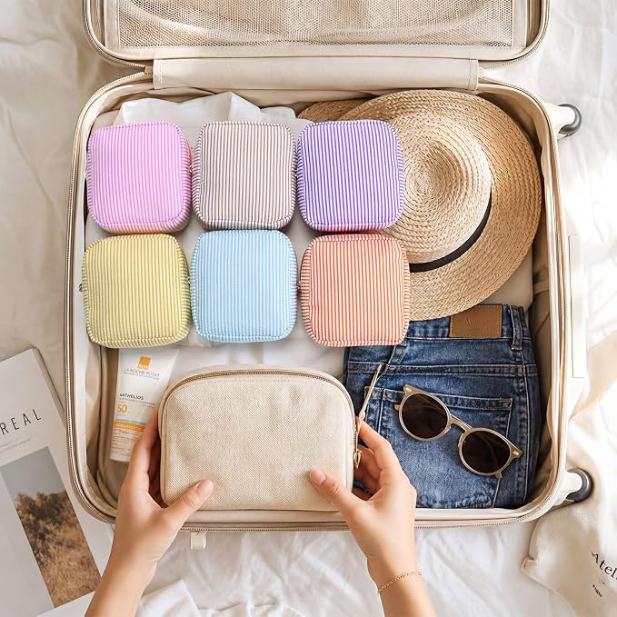 Sanwuta Seersucker Cosmetic Bag Bulk Striped Makeup Bag for Women Aesthetic Cute Travel Toiletry Organizer Preppy Storage Pouch for Wedding Bridesmaid Mother's Day Teacher Gift(Small,Candy Color,9) - Image 6