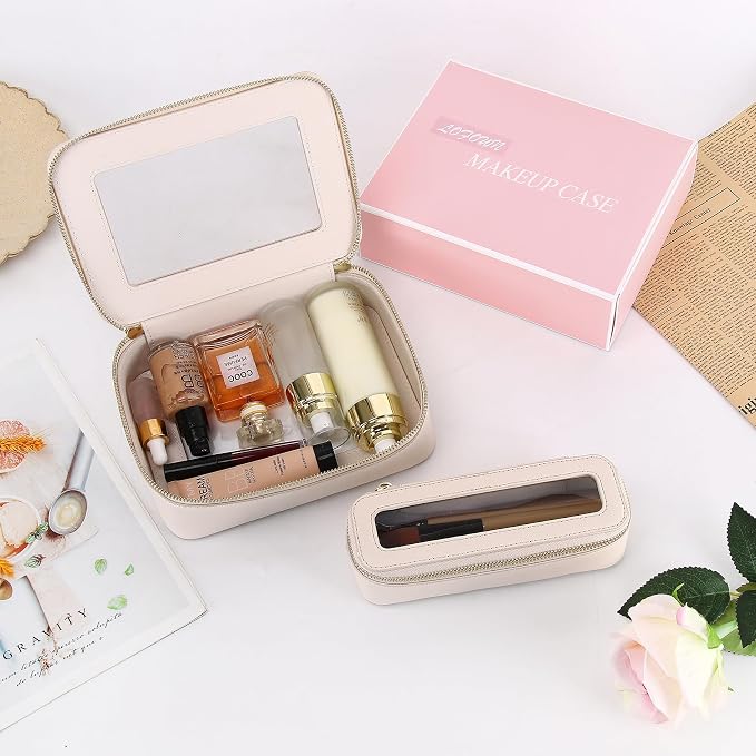 Clear Travel Makeup Bag with Brush Case Portable Transparent Cosmetic Bag and Toiletry Bag Waterproof Makeup Organizer with Zipper Car Essential for Women (Beige, M+Slim) - Image 7