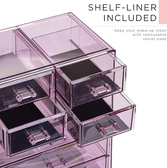 Sorbus Acrylic Makeup Organizer Set, 7-Drawer Vanity & Countertop Cosmetic Storage with Small & Wide Compartments, Purple Makeup Storage for Brushes, Jewelry – Holiday Gift for Women & Teens - Image 6