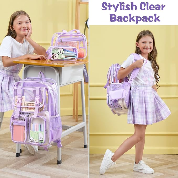 Fimibuke Clear Backpack for Girls - 3 PCS Heavy Duty Kids Boys Clear Bags Schoolbag Large Transparent PVC Bookbag with Lunch Box Pencil Case Set for Travel School Concert Stadium Events Backpacks - Image 9
