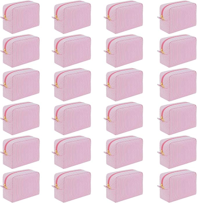 24 PACK Makeup Bags-Bulk Graduation Gifts Seersucker Bridesmaid Proposal Gifts Large Makeup Pouch for Wedding Party Favors Bachelorette Party Decorations Toiletry Organizer Bag Cosmetic Bag(24, Pink) by Home