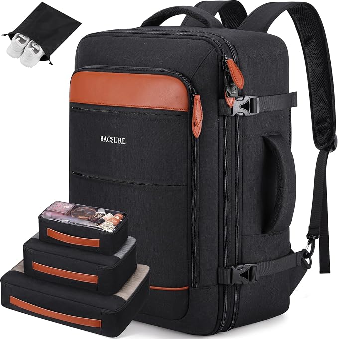 Bagsure Travel Backpack Carry On Backpack 42L Flight Approved, Expandable Laptop Backpack with Packing Cubes & Shoe Pocket, Water Resistant Luggage Backpack for Men Women, Large Backpack 20 * 14 * 7" by Bagsure