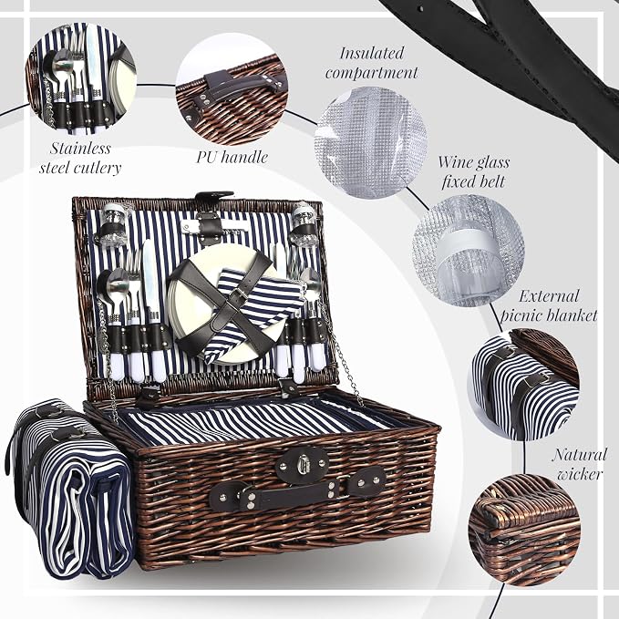 Picnic Basket Set for 4 with Waterproof Blanket Mat Insulation Bag Wicker Navy Blue Vintage Classic Gift for Christmas Thanksgiving Wedding Birthday Camp Outdoor Beach Travel - Image 6