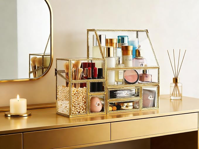 Tempered Glass Makeup Organizer with Gold Heart Shaped Metal Frame, Large Cosmetic Storage Drawer Cabinet, Dustproof Vanity Display Case for Lipstick Makeup Brush Skincare - Image 4