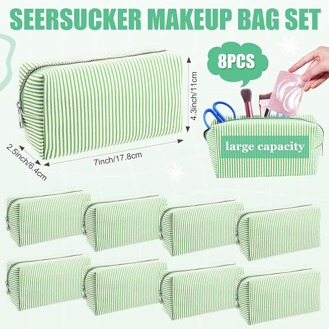 Giesiery 8 Pcs Seersucker Makeup Bags Striped Cosmetic Bags Bulk Organizer for Women Preppy Travel Toiletry Pouch for Wedding Bridesmaid Gifts (Green, Medium) - Image 2