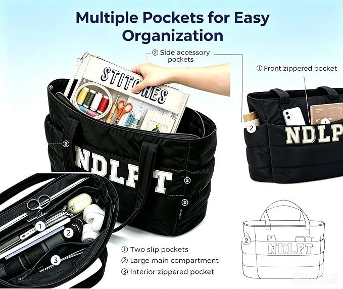 Needlepoint Tote Bag with Clear Zipper Pouch — Puffy Craft Organizer-Black/Beige | Lightweight puffy taslan tote, 20L | NDLPT Project Bag | Holds 15.6" laptop | Padded compartment | Gift for stitchers - Image 3