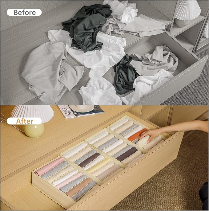 4 Packs T-shirt Drawer Organizers for Clothing,10 Grids Compartment Wardrobe Storage Box, Washable Clothes Organizer for Folded Clothes, T-shirt, Legging-Beige - Image 2