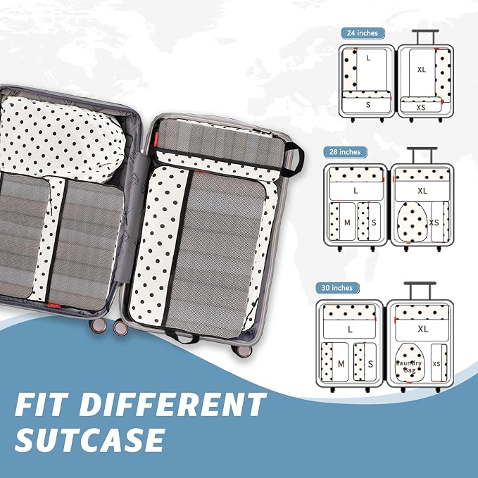 U+U 6 Set Compression Packing Cubes - Travel Organizers with Laundry Bag, Space-Saving Suitcase Organizer, Expandable Packing Organizers for Travel Essentials (Polka Dot) - Image 6