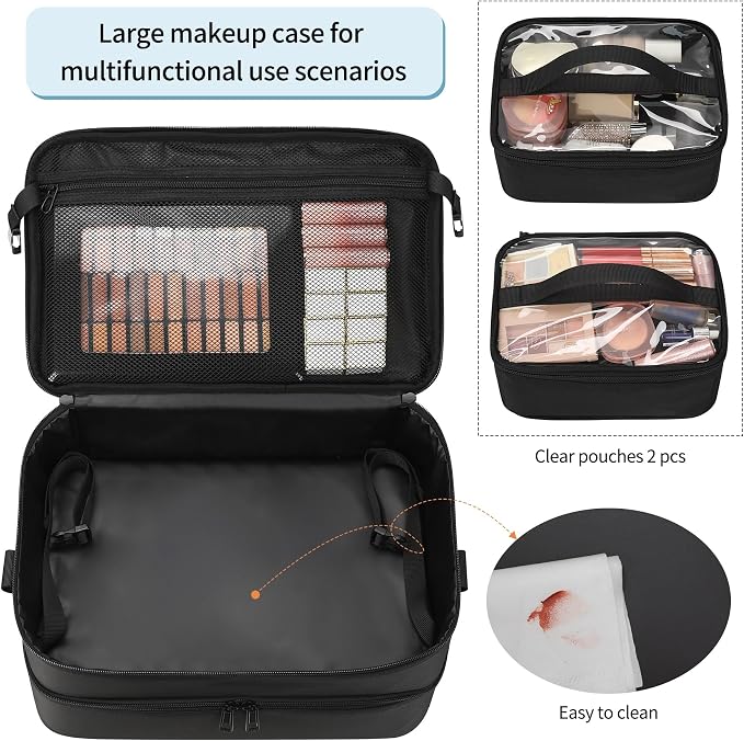 Extra Large Makeup Case, Professional Makeup Artist Traveling Bag, Double Layer Lightweight XL Makeup Travel Case Organizer for Artist Hairstylist Crafters with 2 Detachable Pouch & Shoulder Strap - Image 3