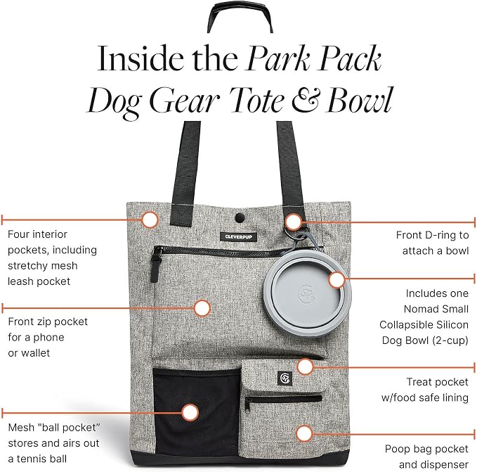 Cleverpup Park Pack 2-Piece Set Dog Gear Tote – Dog Travel Bag with 8 Pockets, Treat Pouch, Poop Bag Dispenser, Quick-Dry Ball Pocket, Collapsible Bowl, Perfect for Walks & Park Trips, Heather Grey - Image 4