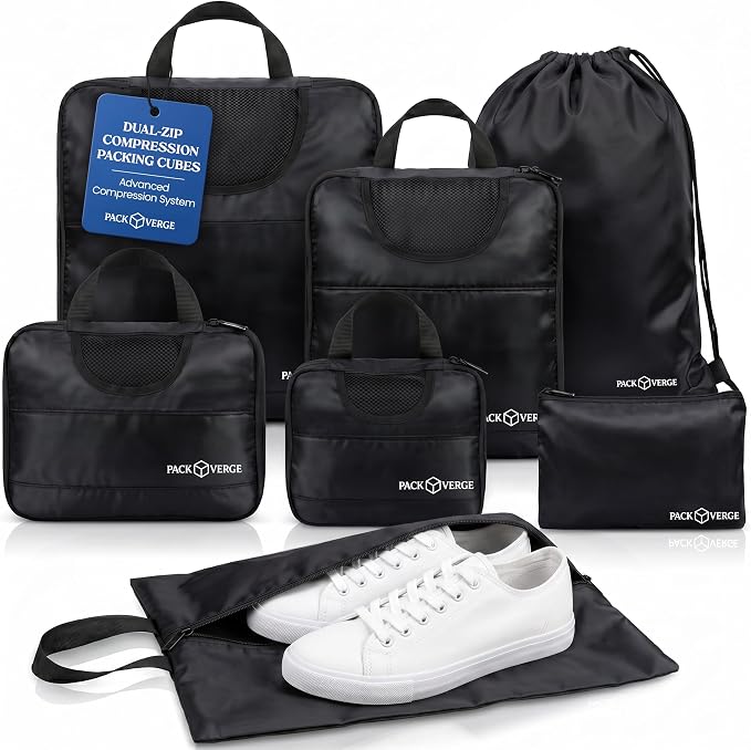 Compression Packing Cubes for Travel - 7 Piece Set - Space Saving Luggage Organizer Bags for Suitcase & Carry On - Water Resistant Travel Accessories - Black by Unknown