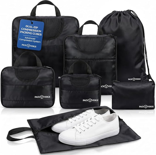 Compression Packing Cubes for Travel - 7 Piece Set - Space Saving Luggage Organizer Bags for Suitcase & Carry On - Water Resistant Travel Accessories - Black by Unknown