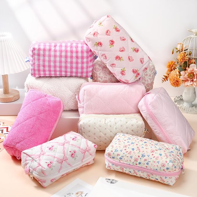 Paterr 10 Pcs Quilted Makeup Bag Bulk Cotton Floral Cosmetic Bag Women Girls Bridesmaid Gifts Cute Makeup Pouch Coquette Aesthetic Travel Toiletry Organizer(Pink Floral,7.87 x 4.72 x 3.15 Inches) - Image 4