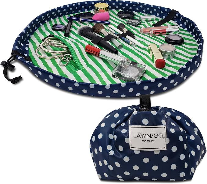 Lay-n-Go Cosmo Layflat Drawstring Cosmetic & Makeup Bag Organizer w/Zipper Pocket, Brush Loops & More, Cinch to Close, Lay Flat to Use, Durable, Machine Wash, Travel Toiletry Bag (20", Navy/Green) by Lay-n-Go