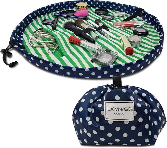 Lay-n-Go Cosmo Layflat Drawstring Cosmetic & Makeup Bag Organizer w/Zipper Pocket, Brush Loops & More, Cinch to Close, Lay Flat to Use, Durable, Machine Wash, Travel Toiletry Bag (20", Navy/Green) by Lay-n-Go