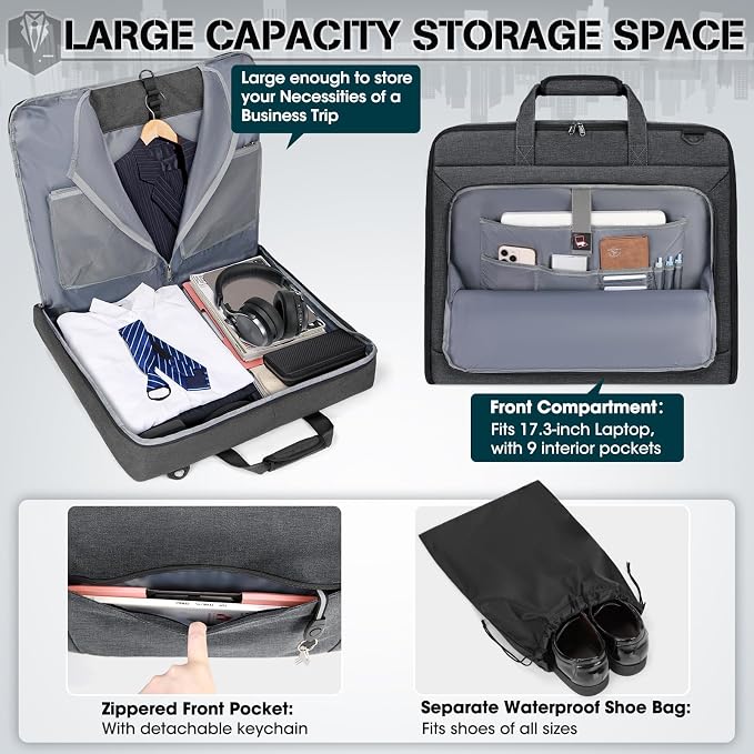 RAINSMORE Garment Bags for Travel Carry On Garment Bag for Hanging Clothes, Suit Bag for Business Trips with Shoes bag & Shoulder Strap, Waterproof Foldable Suit Luggage Bag for Men Women, Gray - Image 3
