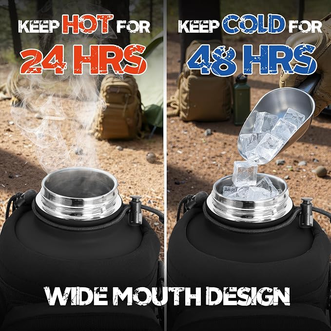 NATURE PIONEOR 64 oz Tactical Water Bottle with MOLLE Bottle Pouch & 3 Lids | 18/8 Food-grade Stainless Steel, Double Vacuum Insulation, 3 Leak-proof Lids, Handle, Strap, Camping, Hiking, Gym, Work - Image 5