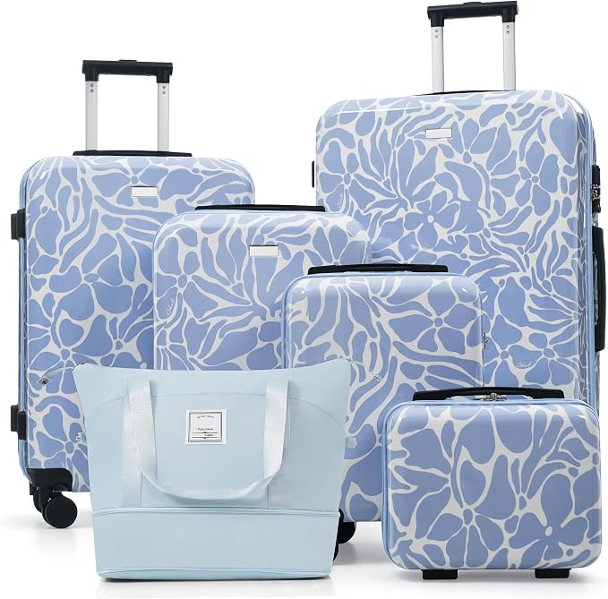 Blue 6 Piece Luggage Set Hard Shell - Checked Suitcases with Spinner Wheels & Expandable Travel Duffel Bag for Family Travel, Durable Carry On Luggage Sets with Lock & Case for Women and Men by Unknown