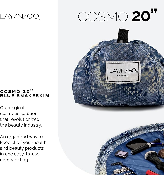 Lay-n-Go Cosmo Drawstring Cosmetic & Makeup Bag Organizer - Portable Drawstring Makeup Bag w/Zipper Pocket, Makeup Loops & More - Durable, Machine Washable Toiletry Bag (20", Blue Snakeskin) - Image 2