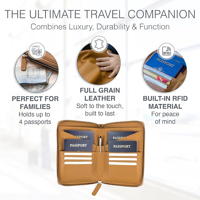 Full Grain Leather Family Passport Holder for 4 Passports - RFID Passport Holder and Travel Document Organizer - Large Leather Travel Wallet for Families - Camel - Image 2