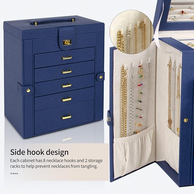 AKOZLIN 6-Tier Jewelry Box Organizer Functional 5 Drawers Leather Jewelry Storage Case for Women Girls Ring Necklace Earring Bracelet Holder Organizer with Mirror Blue Large - Image 7