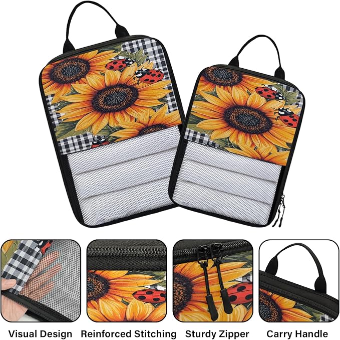 Ladybugs Sunflower Compressible Packing Cubes for Suitcase 6 Set Lightweight Expandable Compression Packing Travel Luggage Organizer - Image 3