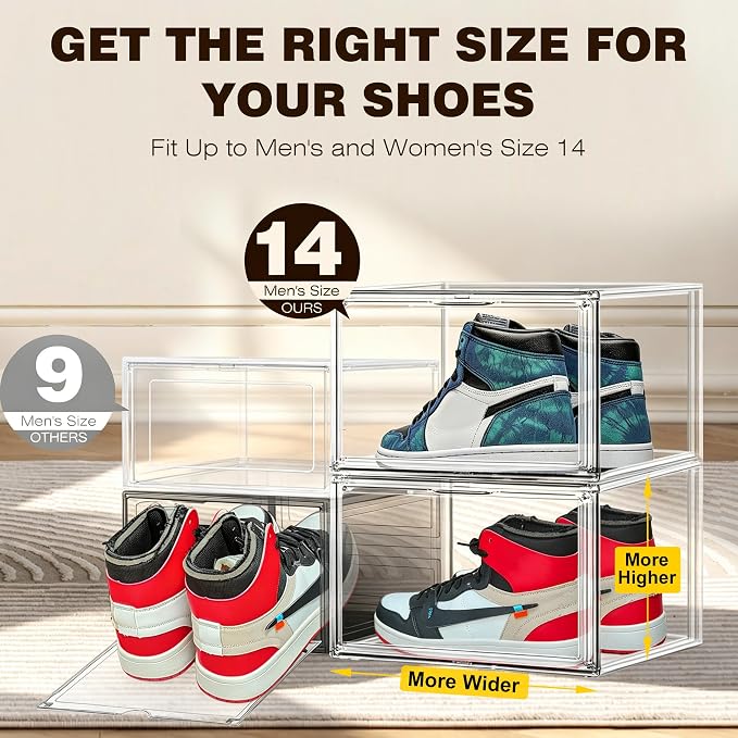 6 Pack Clear Acrylic Shoe Storage Boxes Stackable,Size 14 Large Sneaker Storage Organizer Bins with Magnetic Door,Plastic Shoe Containers for Closet,Fits High Top Sneakers for Men Women up to Size 13 - Image 5