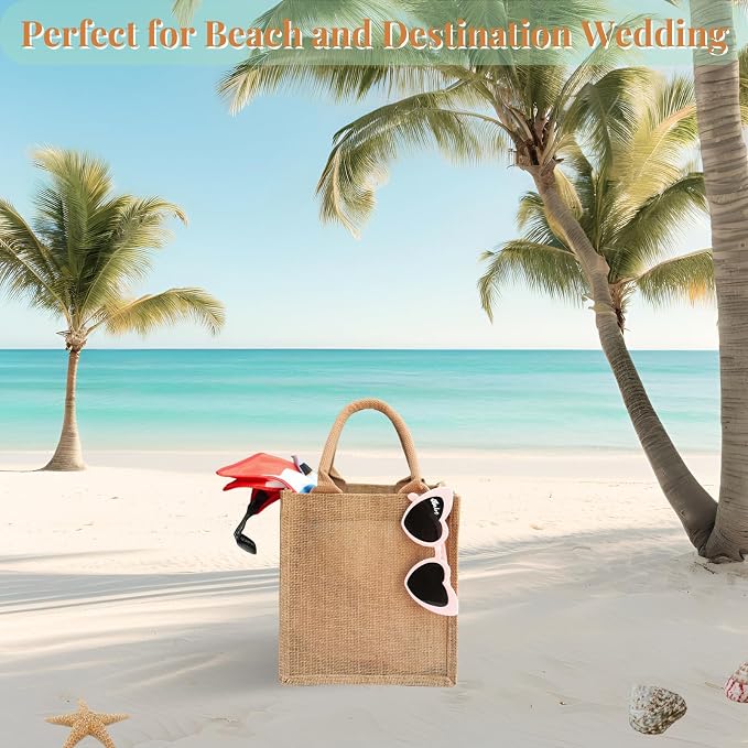 10 Pack Burlap Gift Bags for Wedding Welcome, Bachelorette, Beach, Bridesmaid - Small Bulk Reusable Jute tote with Sage Green Ribbons - Image 6