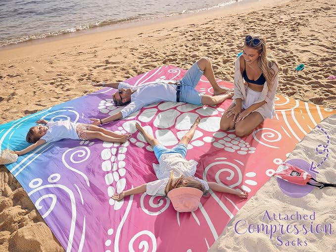 WEKAPO Beach Blanket Waterproof Sandproof Oversized Extra Large Sand Free Beach Mat with Stakes, Storage Bag - Essentials for Outdoor Beach, Picnic (Pinkish Purple Sea Turtle, 11 X 9 FT (1~10 Person)) - Image 2