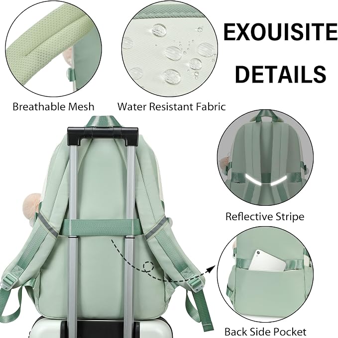 School Backpack for Girls, 3PCS Laptop Backpack 15.6 Inch with Lunch Box Pencil Pouch Set for Kids Teens Elementary Middle High School College Bookbag Student Casual Travel Daypack,Green Beige - Image 4