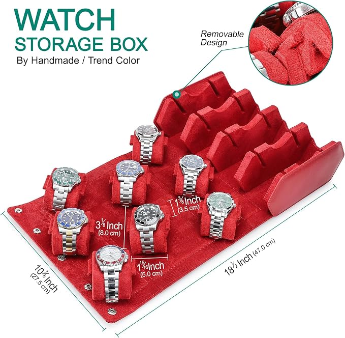 Hiram SaffianoLeather Hexagon Watch Roll Travel Case, Leather 8-Watches Roll Case with Removable Pillow Cushion for Treasured Watches and Bracelets-RED - Image 4