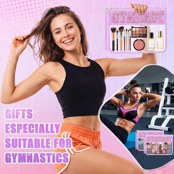 6 Pcs Gymnastics Gifts Cosmetic Makeup Bags, Purple Clear PVC Zipper Pouch with Chenille Letter Patch, Waterproof Travel Toiletry Storage Bag for Team Girls Women Party Favor - Image 5