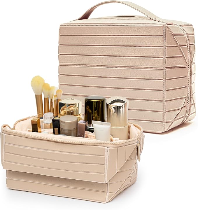 Minoisome Travel Makeup Bag,PU leather toiletry bag,make up organizer case for women,Large Capacity Cosmetic Bag,Wide-open Pouch Purse，Toiletries Accessories，Fold-Down Design and Adjustable Dividers. by Unknown
