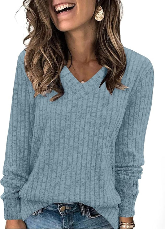 Sampeel V Neck Long Sleeve Shirts for Women Casual Fall Tops Lightweight Tunic Sweaters Fashion Clothes Loose Fit 2025