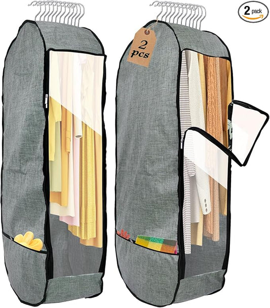 2PCS 50”Garment Bags for Hanging Clothes,Chakera Large Breathable Garment Bag for Closet Storage with 10”Gusseted,Clear Clothing Storage Garment Cover for Dress Sweater with Double Zipper,Grey by CHAKERA