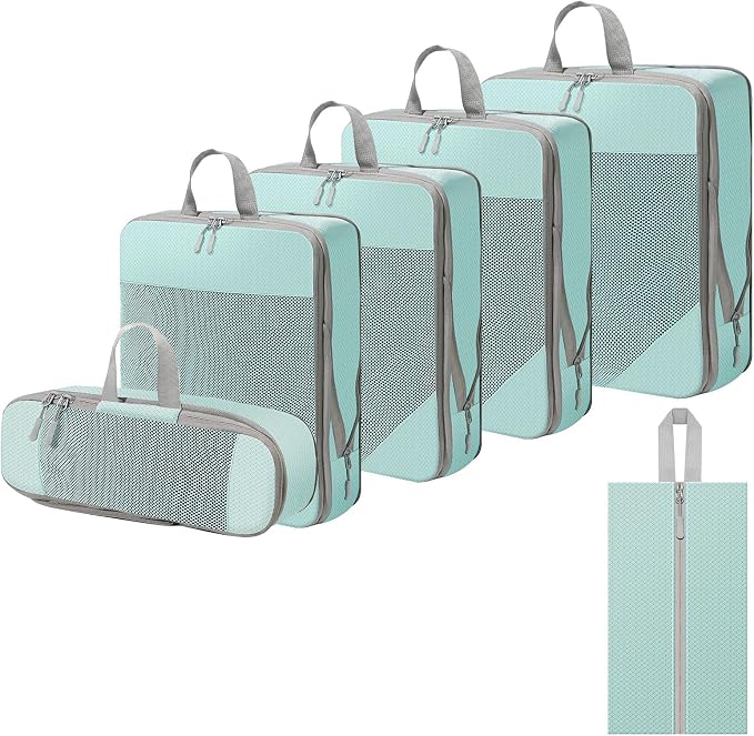 WOOMADA Compression Packing Cubes for Suitcases Travel Essentials 6 Set Rectangle Mesh Expandable Travel Bags Organizer for Luggage by WOOMADA