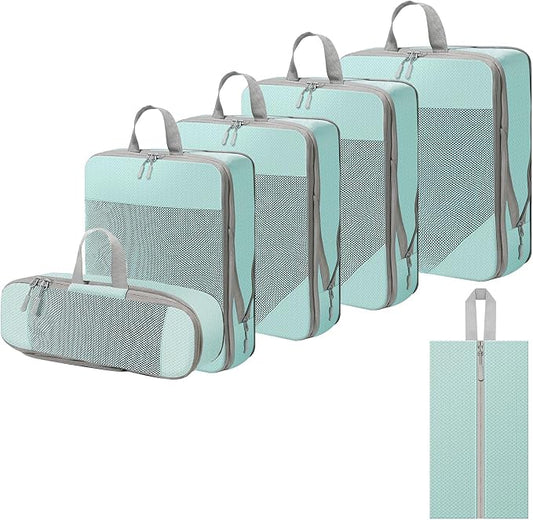 WOOMADA Compression Packing Cubes for Suitcases Travel Essentials 6 Set Rectangle Mesh Expandable Travel Bags Organizer for Luggage by WOOMADA