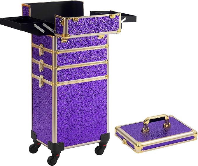 Somduy Rolling Makeup Case, Makeup Train Case with Lid, 5 in 1 Cosmetology Case on Wheels, Christmas Gift, Large Makeup Organizers, Profesional Cosmetic Case for Salon Barber, Purple Gold - Image 8