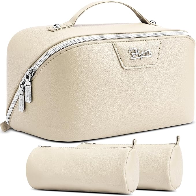 BOYATU Travel Makeup Bag Cosmetic Bags for Women: Large Capacity 3 Pcs Set Make up Bag with Compartments - Waterproof Vegan Leather Toiletry Organizer Bags with Handle (L27Off-white) by BOYATU
