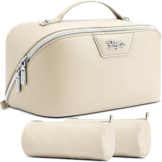 BOYATU Travel Makeup Bag Cosmetic Bags for Women: Large Capacity 3 Pcs Set Make up Bag with Compartments - Waterproof Vegan Leather Toiletry Organizer Bags with Handle (L27Off-white) by BOYATU