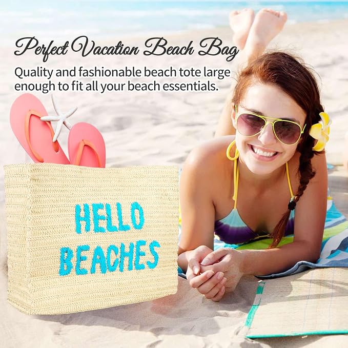 Hello Beaches A Packable Beach Bag | The Straw Beach Tote Bag of 2025 | Beach Bags for Women Vacation | Large Beach Bag - Image 6