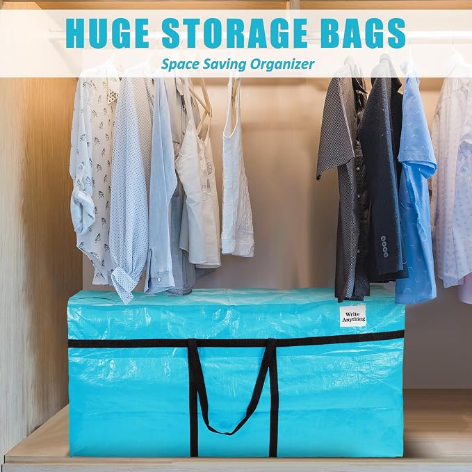 Windyun 4 Pack 57 Gallon Extra Large Moving Bags XXL Heavy Duty Storage Bag with Strong Zipper Handle Jumbo Big Tote Box Foldable for College Dorm Travel Clothes Duffle Blanket Pillow(Lake Blue) - Image 6