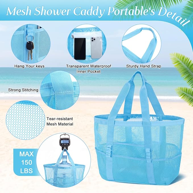Hillban Large Beach Mesh Bags Bulk for Women Beach Tote Bag with 8 Pocket Zipper Waterproof Sandproof for Pool Cruise Ship - Image 3