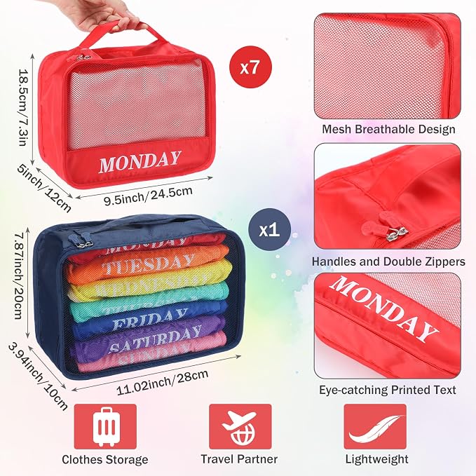 Days of Week Packing Cubes Summer Camp Essentials Weekly Organizer Storage Bag School Clothes for Travel Kids Family(9x7x3inch,Rainbow,8) - Image 3