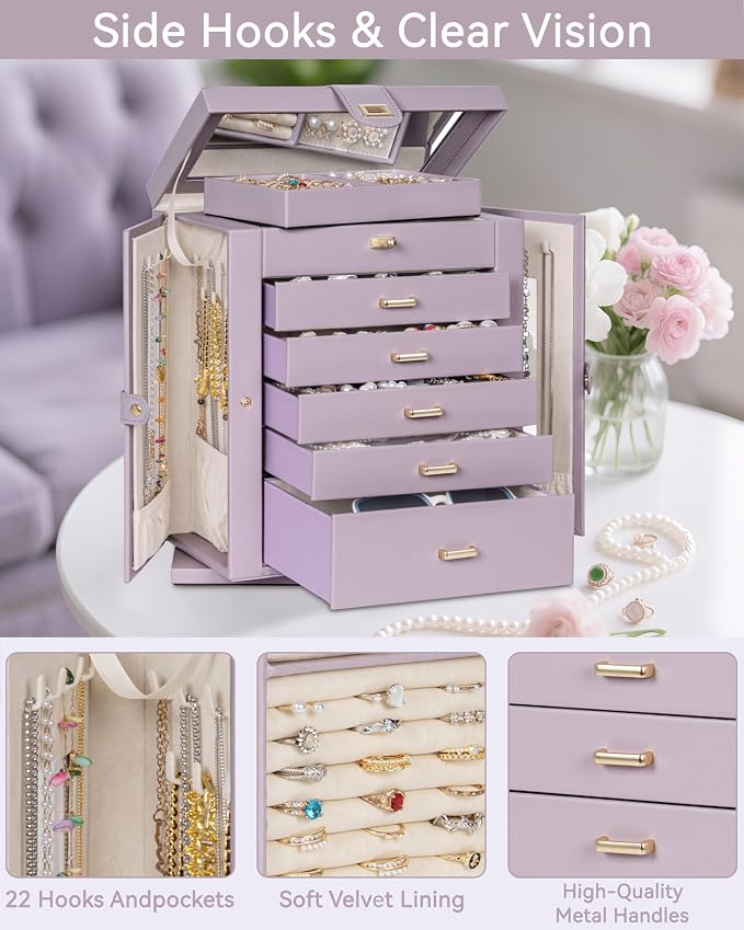 AKOZLIN 6-Tier Jewelry Box Organizer Functional 5 Drawers Leather Jewelry Storage Case for Women Girls Ring Necklace Earring Bracelet Holder Organizer with Mirror XL Purple 360° Rotating - Image 9