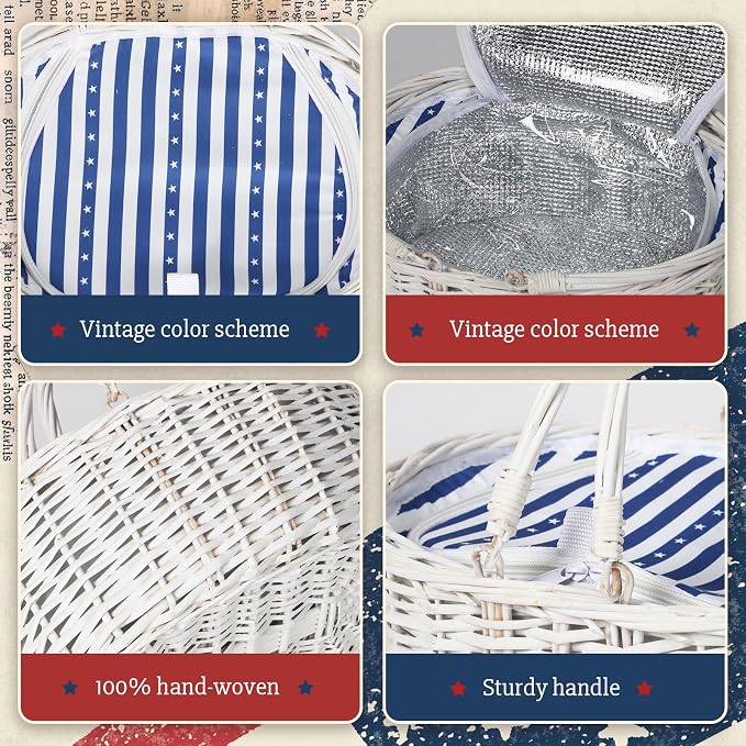 Wicker Picnic Basket with Insulated Lined Bag 15“ x 11” x 7“ Blue, White Star Stripe Pattern, Iced Beer Insulated Bag for Camping, Picnics, Birthday Gifts, Wedding Gifts - Image 4