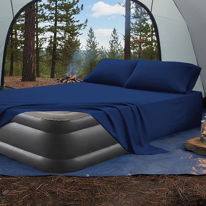 Mocassi 4-Piece Extra Deep Pocket 16-24 Inch Air Mattress Bed Sheet Set- 4PC Sheet Set with Smart Pockets Ideal for Air Beds, RVs, Camping and Guest Rooms Premium Hotel Quality, King, Navy Blue - Image 4